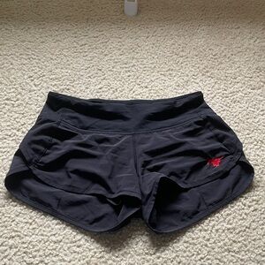 Black lululemon speed short with red mustang embroidered